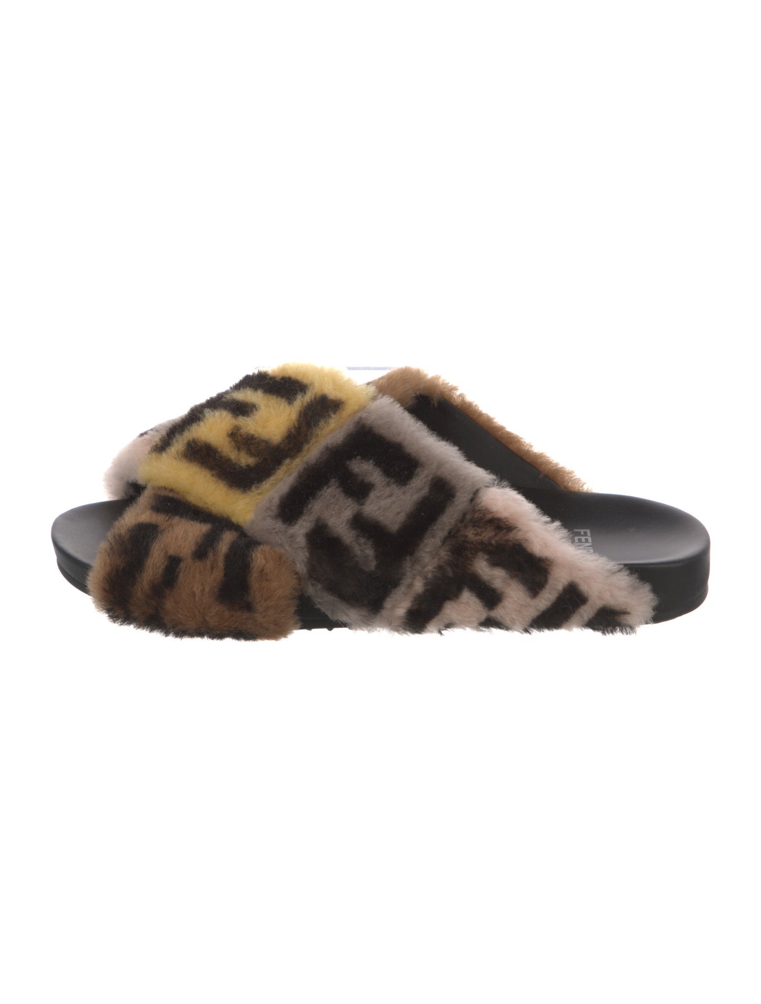 Fendi Zucca FF Logo Shearling Slides