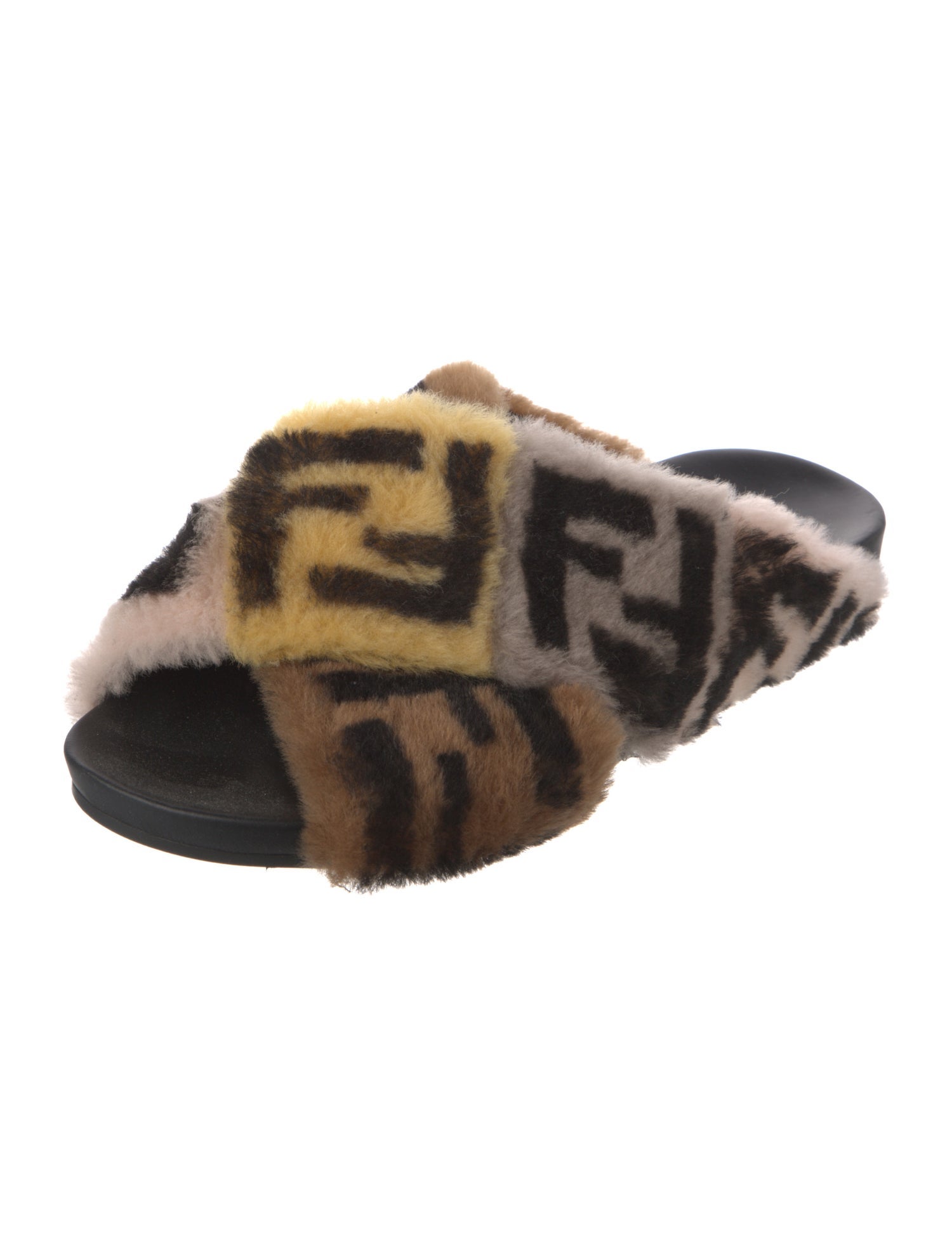 Fendi Zucca FF Logo Shearling Slides
