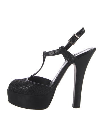 Fendi Pumps Mesh Leather Trim Embellishment T-Strap IT 37.5 | 7.5