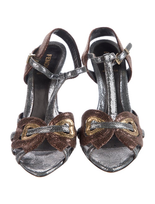 Fendi Leather Colorblock Pattern T-Strap Sandals