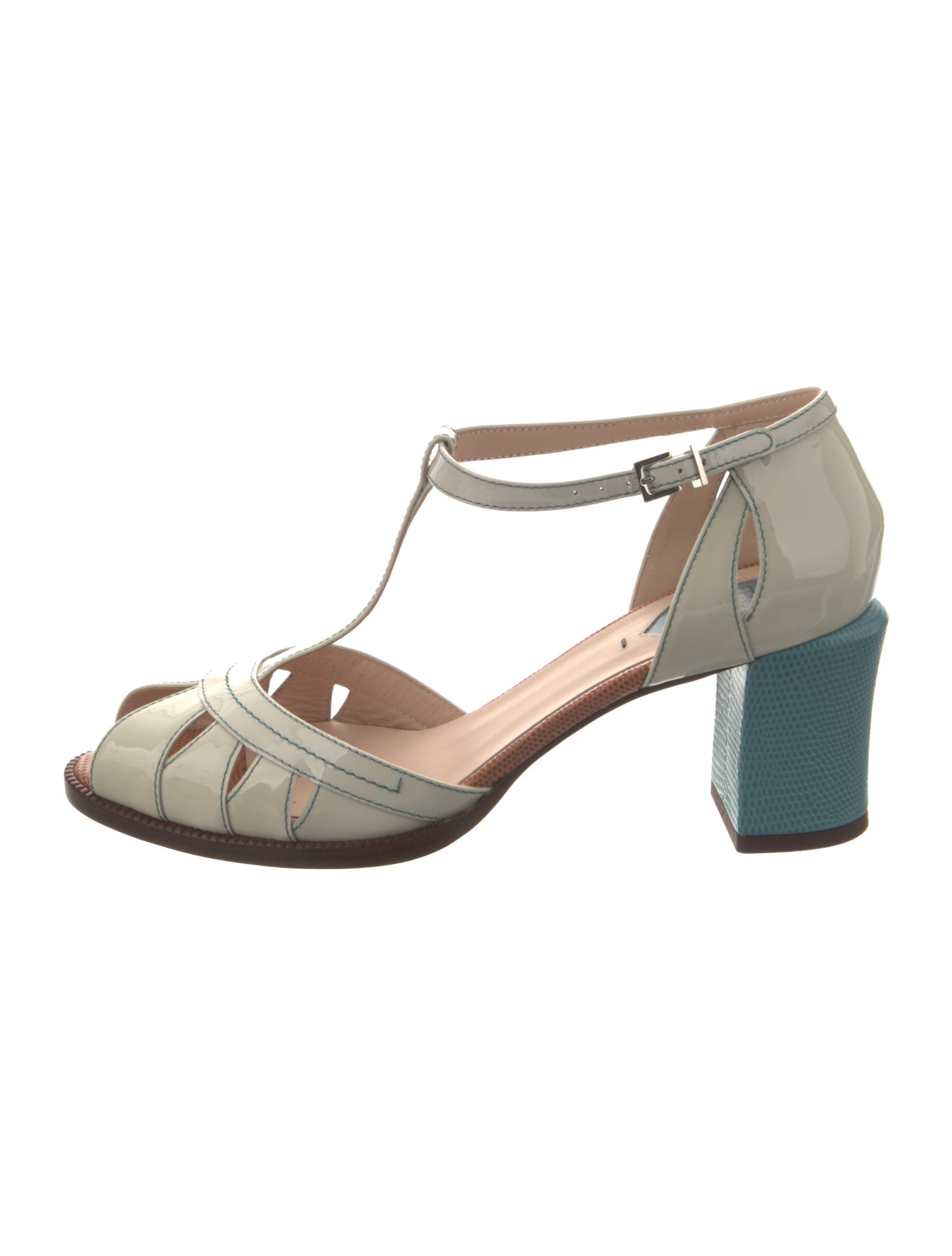 Fendi Patent Leather Colorblock Pattern T-Strap Pumps