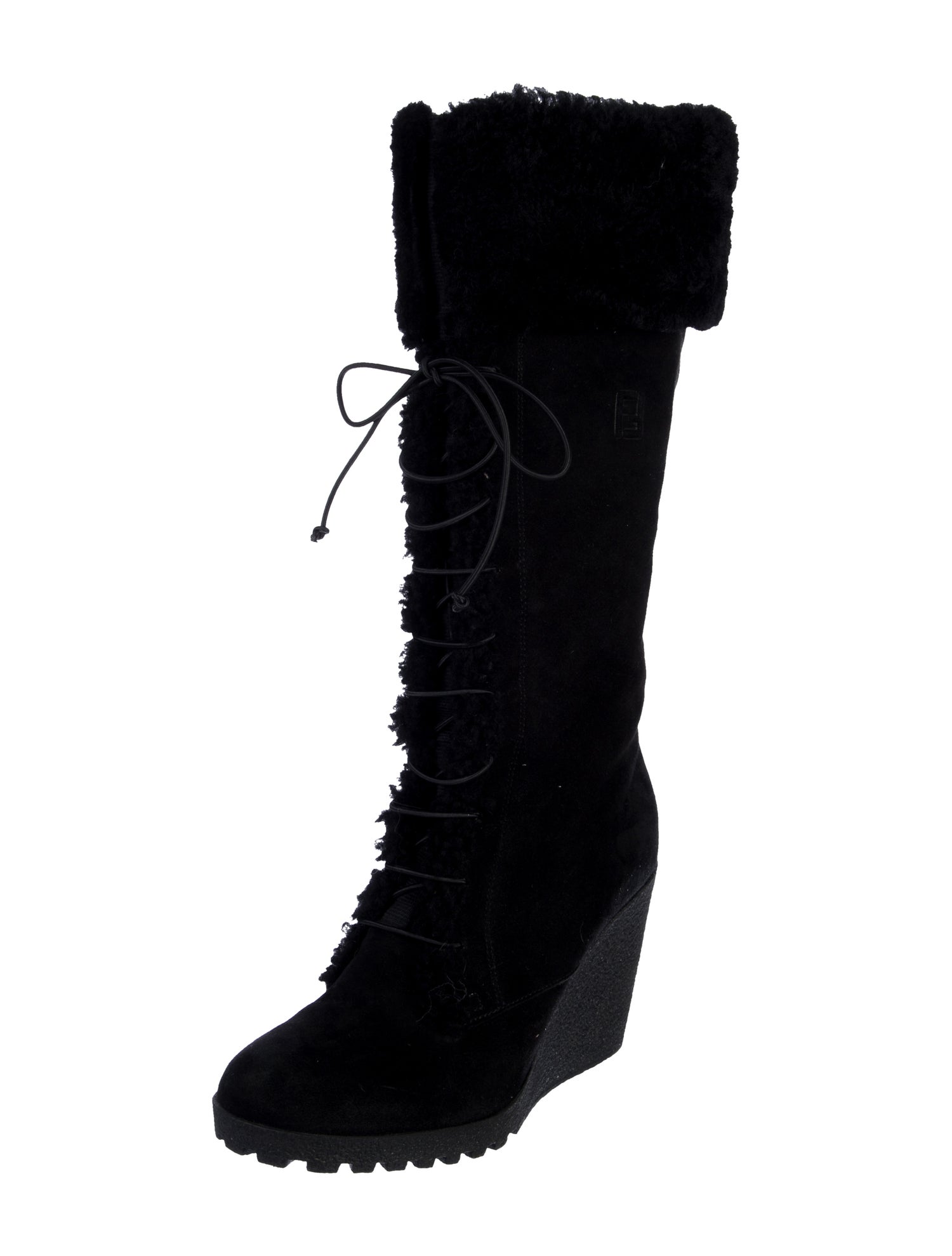 Fendi Suede Fur Trim Lace-Up Boots