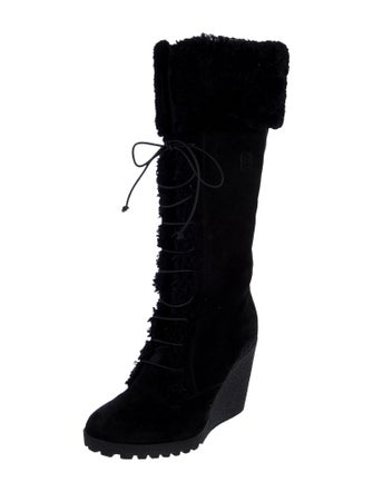 Fendi Suede Fur Trim Lace-Up Boots