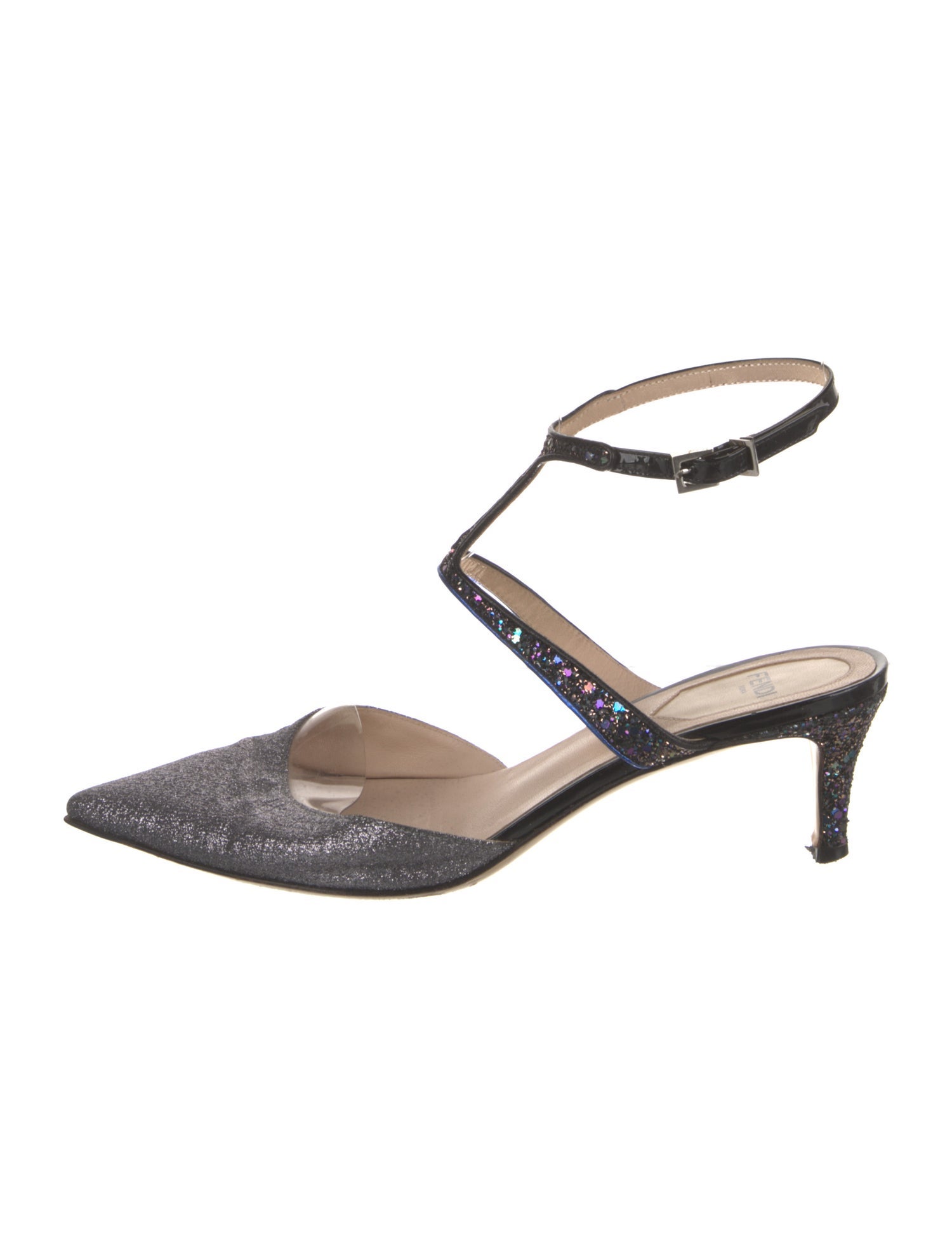 Fendi Glitter Leather Trim Embellishment T-Strap Pumps
