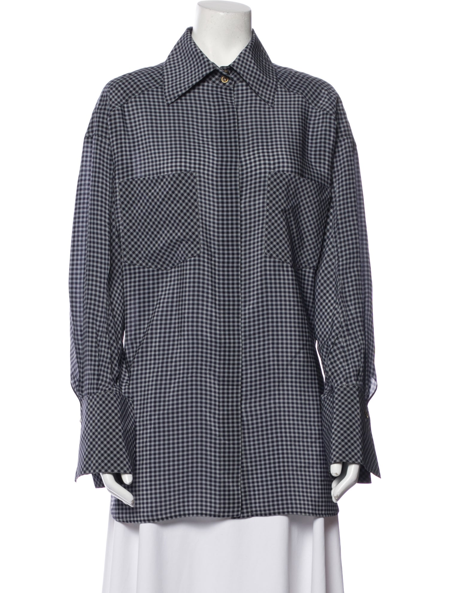 Fendi Silk Plaid Print Button-Up Top