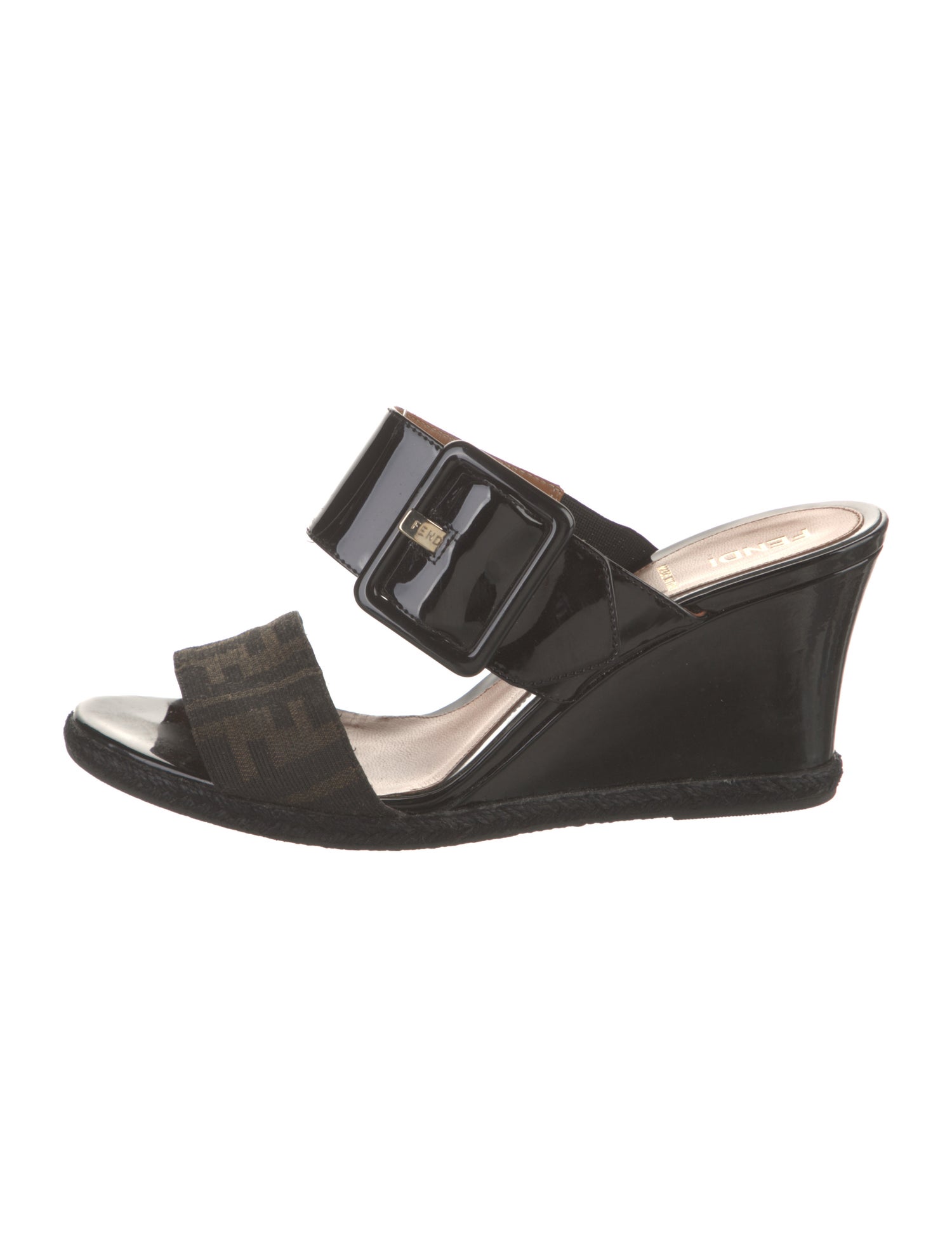 Fendi Zucca FF Logo Patent Leather Slides