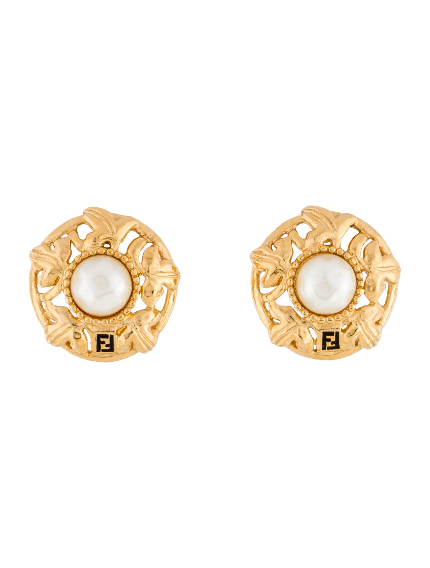 Fendi Vintage Faux Pearl & Enamel Logo Stud Clip-On Earrings