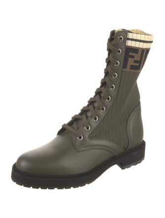 Fendi Zucca FF Logo Leather Trim Embellishment Combat Boots