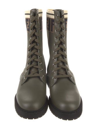 Fendi Zucca FF Logo Leather Trim Embellishment Combat Boots