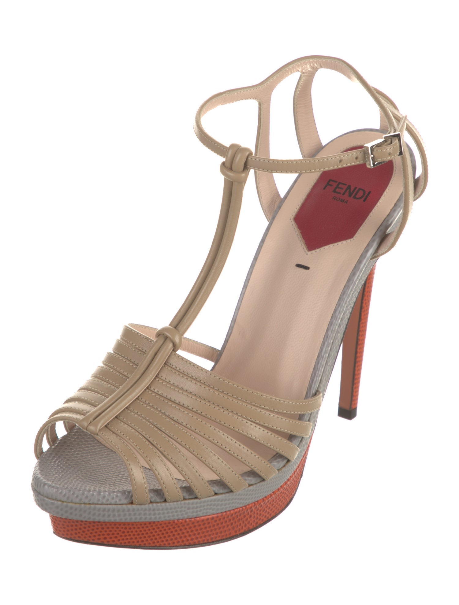 Fendi Zucca FF Logo Leather T-Strap Sandals