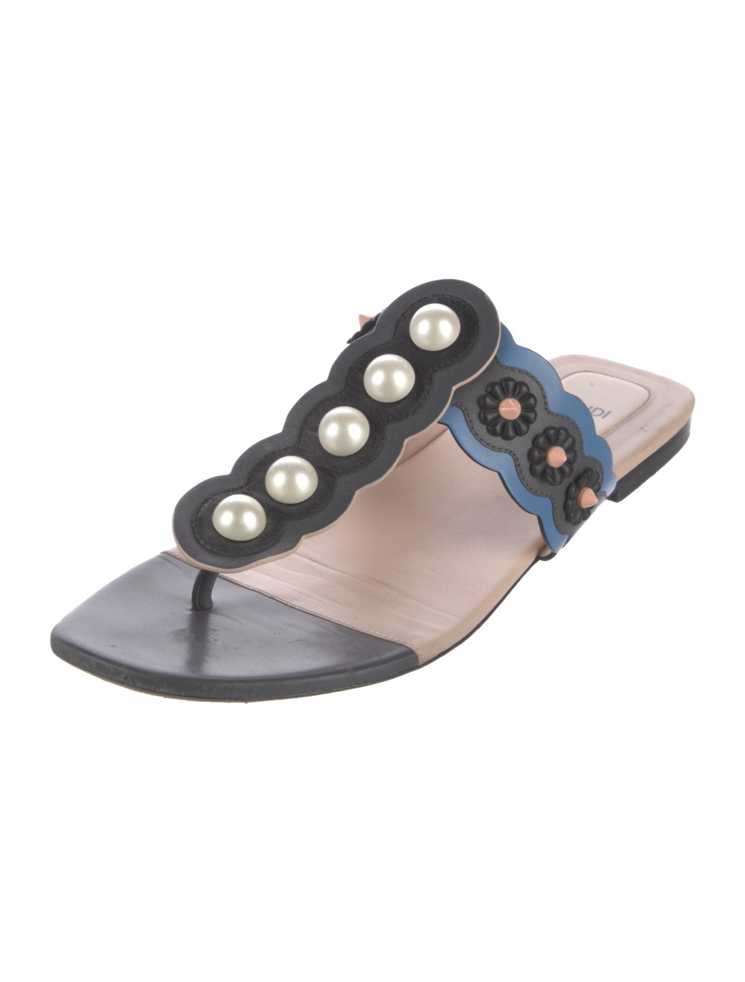 Fendi Faux Pearl Accents Leather Slides