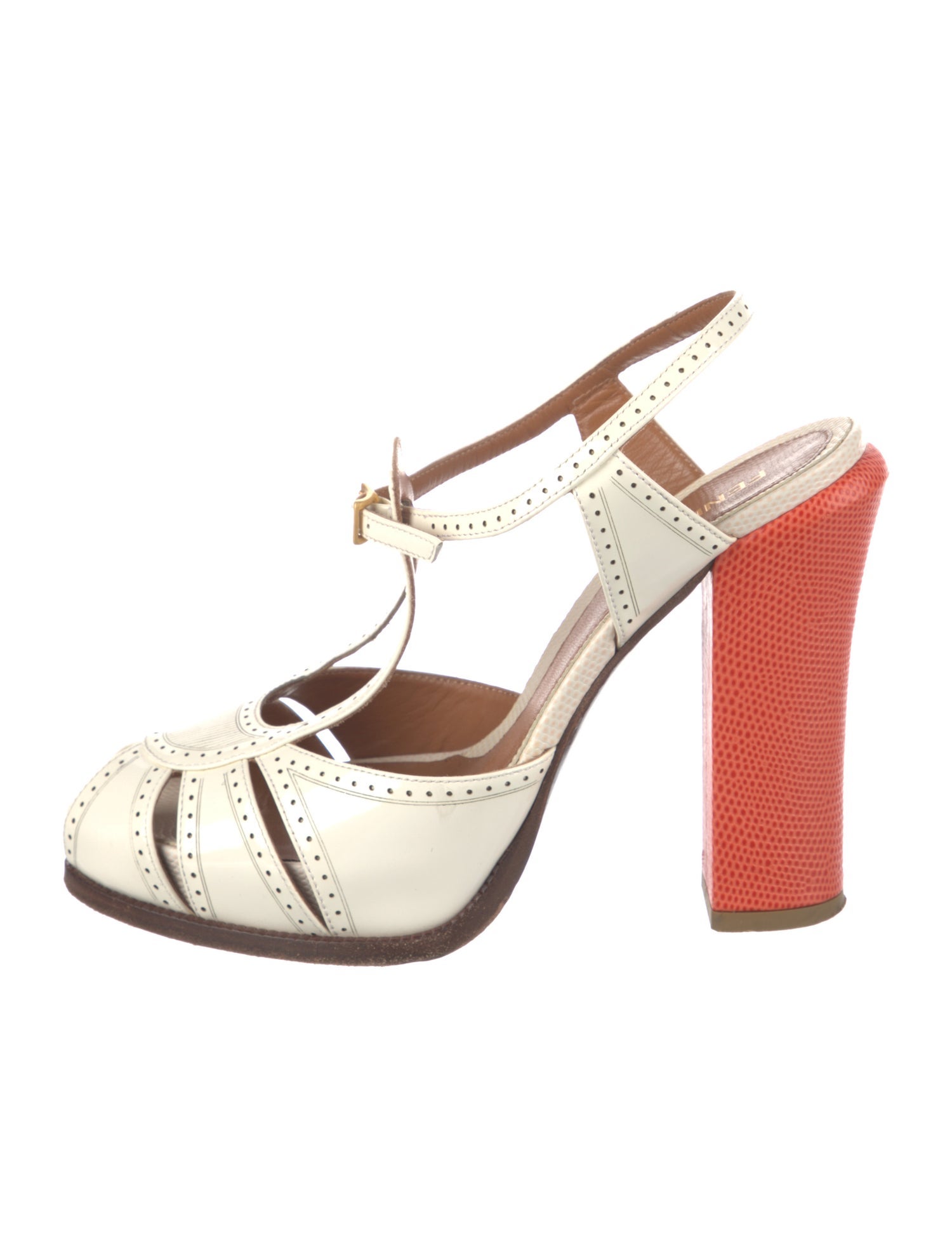 Fendi Leather Colorblock Pattern T-Strap Pumps