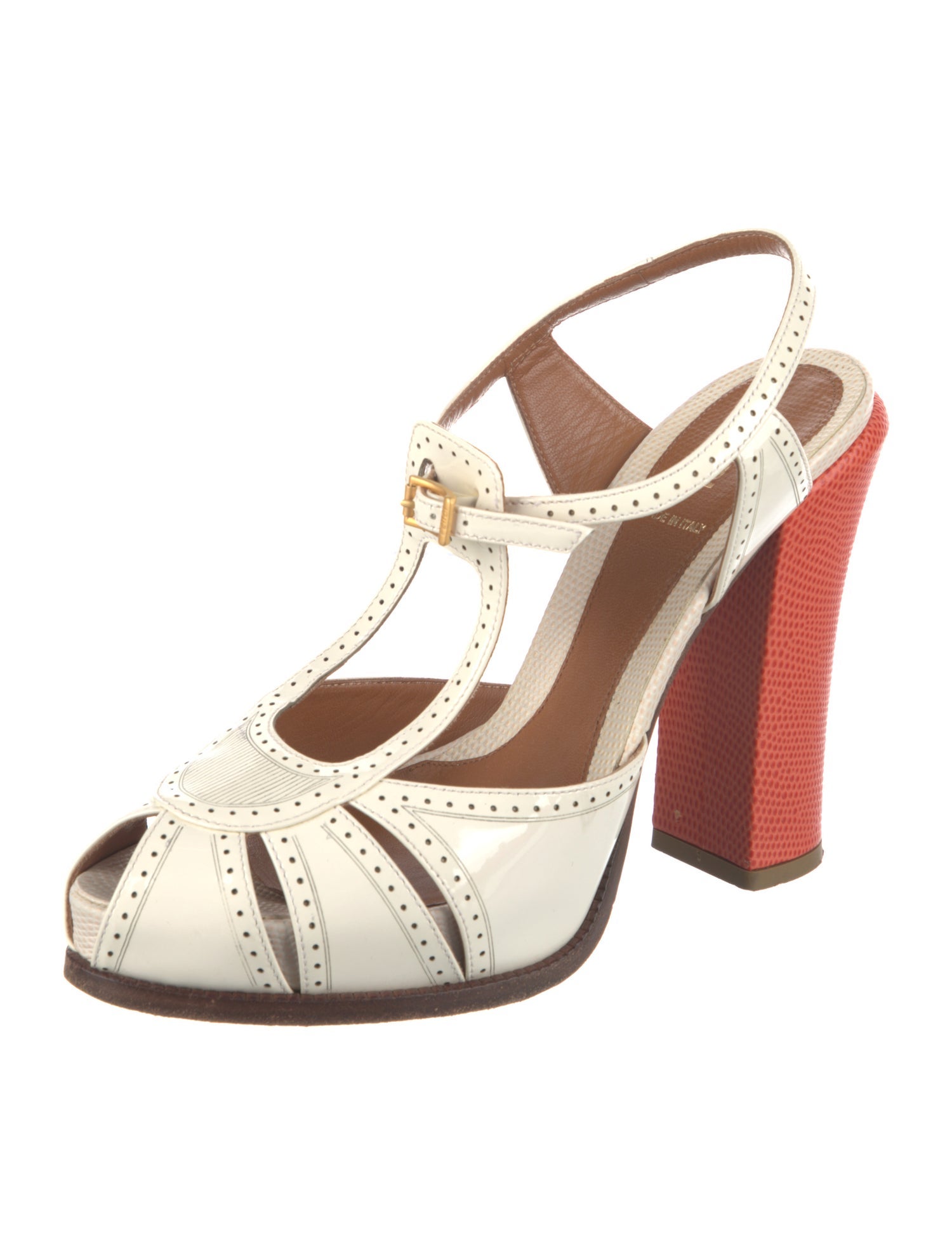 Fendi Leather Colorblock Pattern T-Strap Pumps