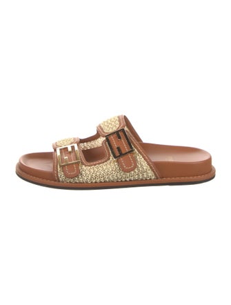 Fendi Raffia Leather Trim Embellishment Slides