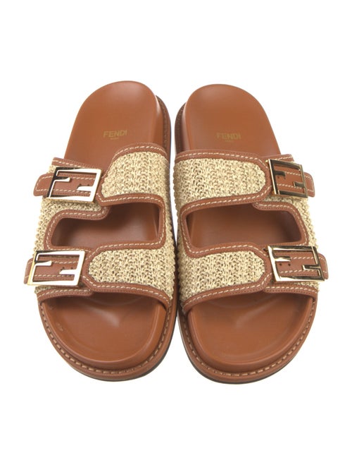 Fendi Raffia Leather Trim Embellishment Slides