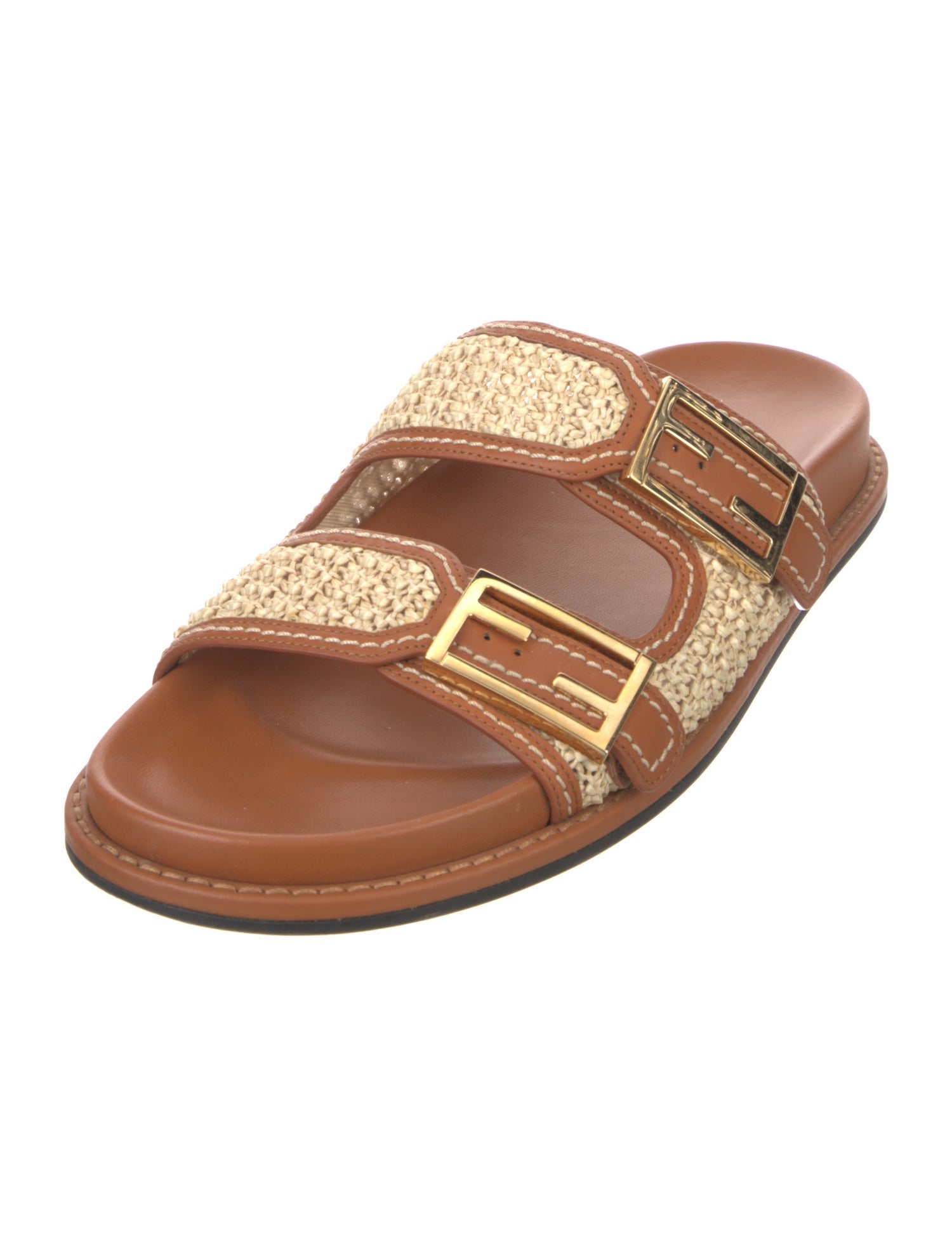 Fendi Raffia Leather Trim Embellishment Slides