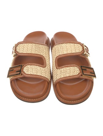 Fendi Raffia Leather Trim Embellishment Slides