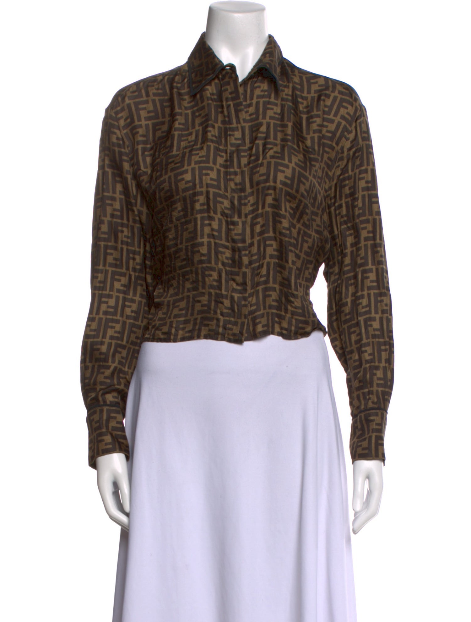 Fendi Silk Plaid Print Button-Up Top