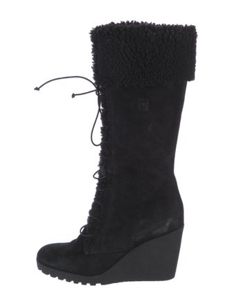 Fendi Suede Fur Trim Lace-Up Boots