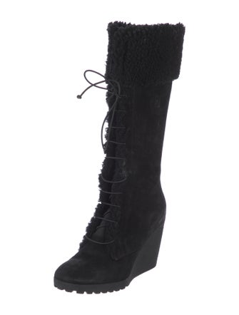 Fendi Suede Fur Trim Lace-Up Boots