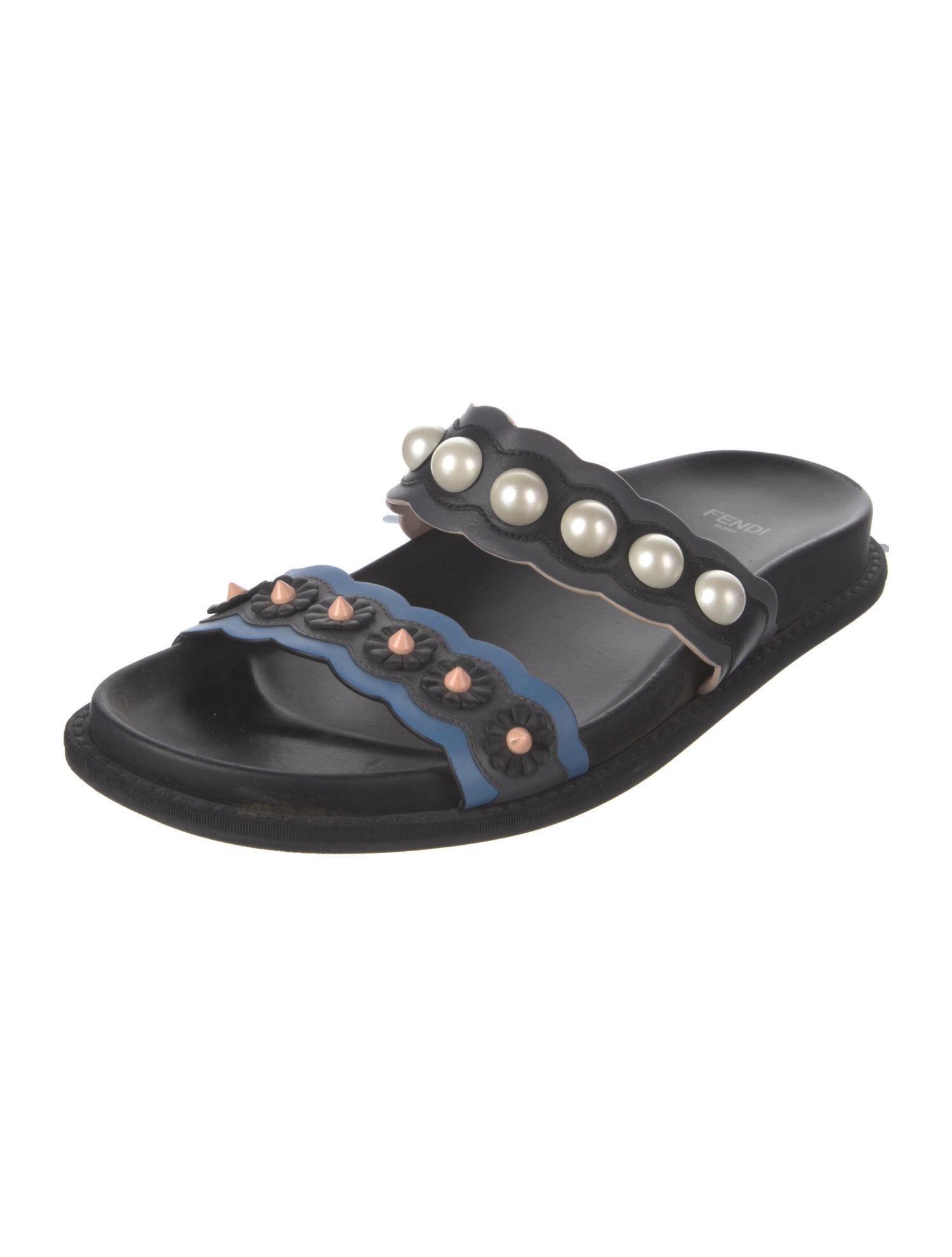 Fendi Faux Pearl Accents Leather Slides