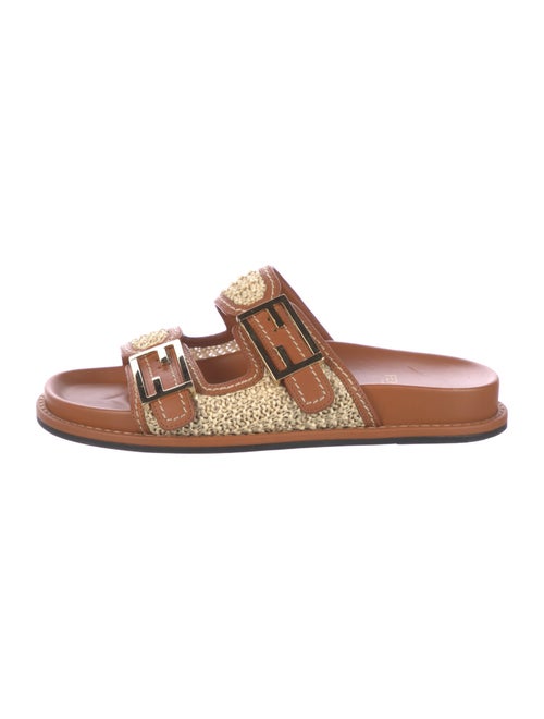 Fendi Raffia Leather Trim Embellishment Slides