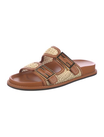Fendi Raffia Leather Trim Embellishment Slides