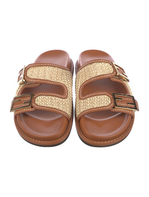 Fendi Raffia Leather Trim Embellishment Slides