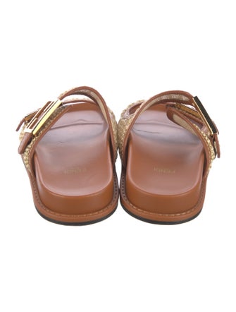 Fendi Raffia Leather Trim Embellishment Slides