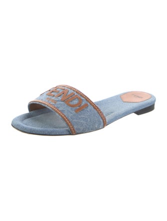 Fendi Denim Leather Trim Embellishment Slides