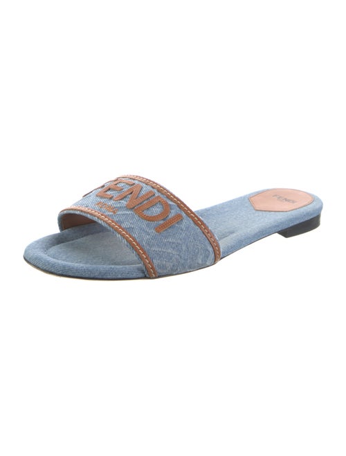 Fendi Denim Leather Trim Embellishment Slides