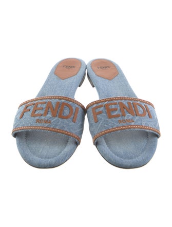 Fendi Denim Leather Trim Embellishment Slides