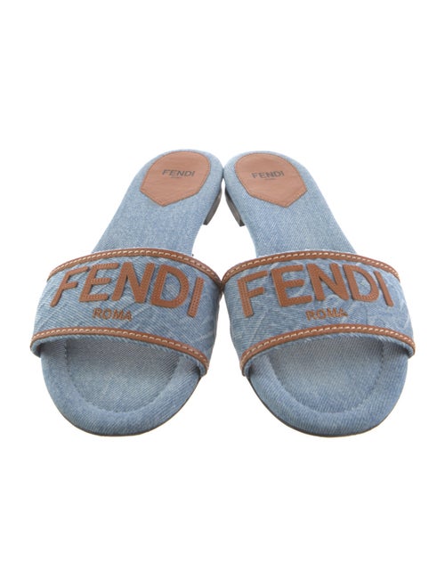 Fendi Denim Leather Trim Embellishment Slides