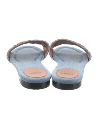 Fendi Denim Leather Trim Embellishment Slides