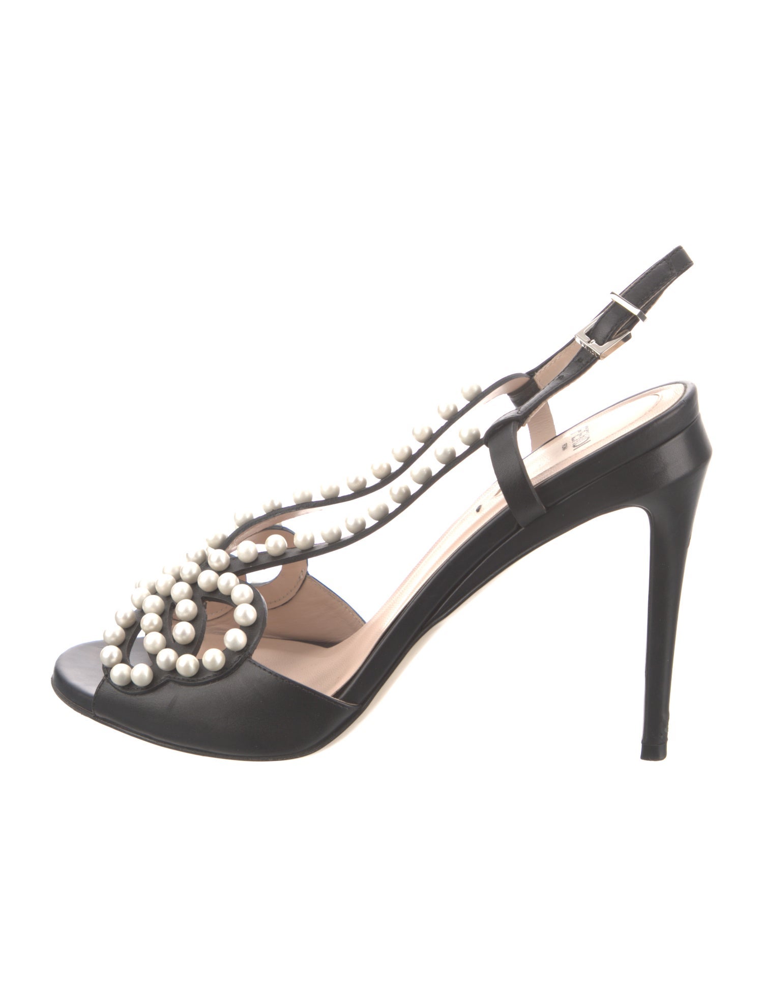 Fendi Faux Pearl Accents Leather Slingback Sandals
