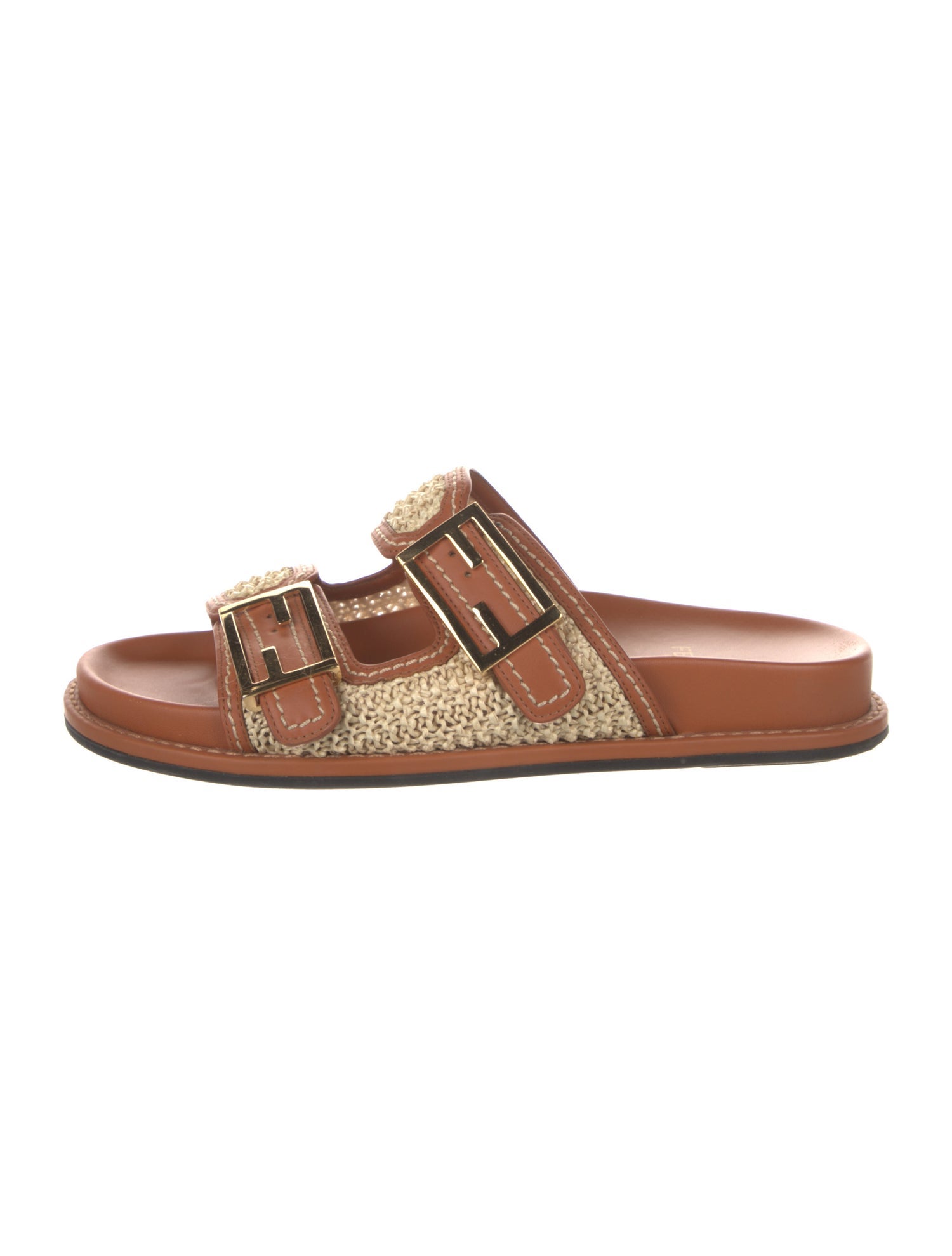 Fendi Raffia Leather Trim Embellishment Slides