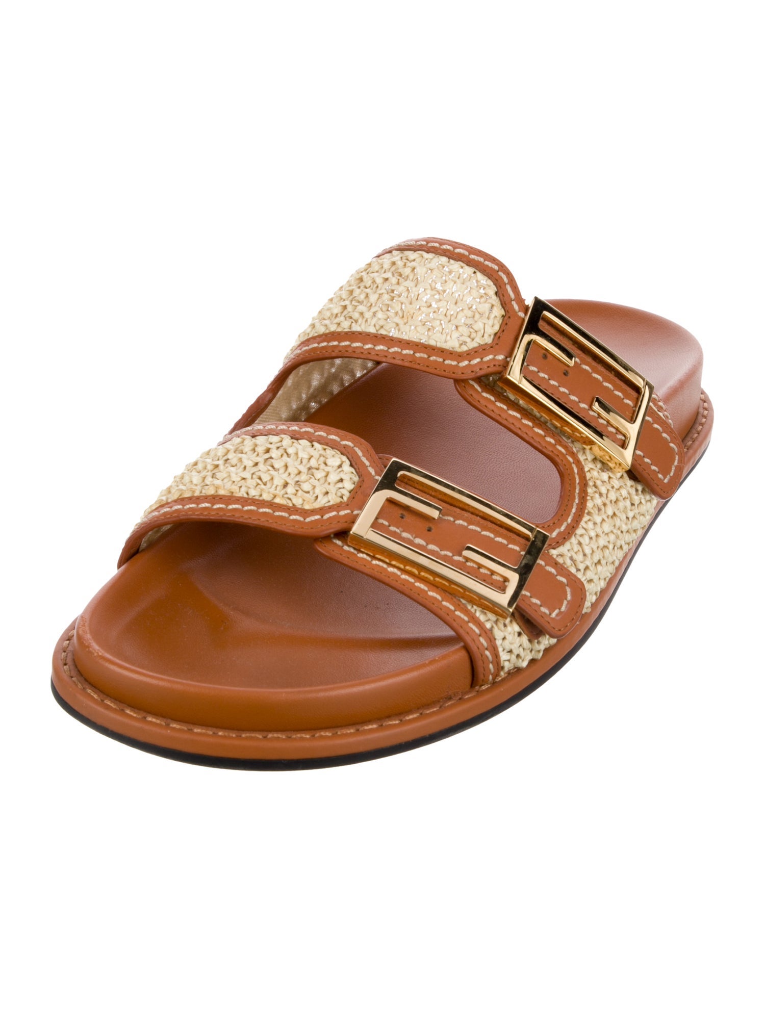 Fendi Raffia Colorblock Pattern Slides