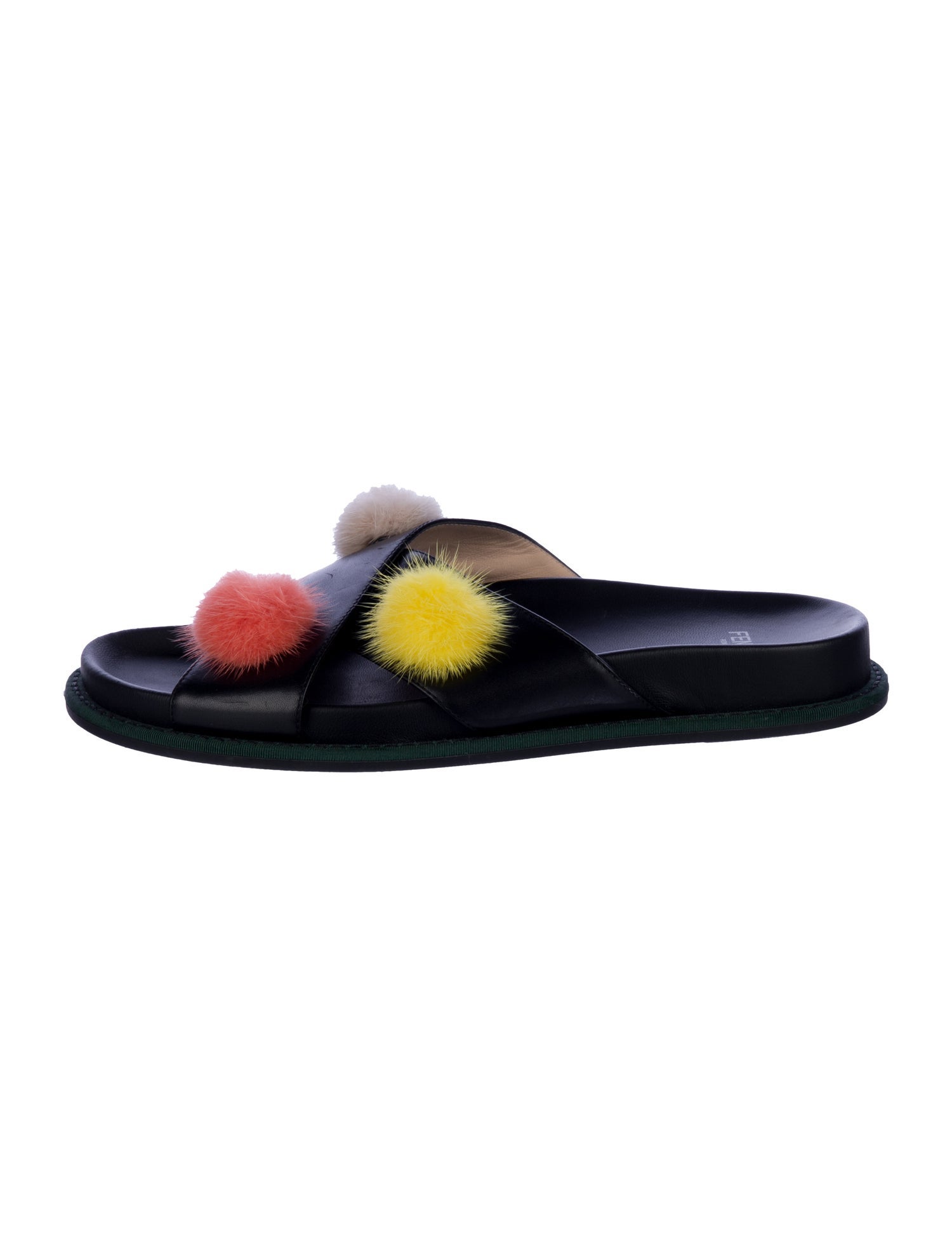 Fendi Leather Pom-Pom Embellishments Slides