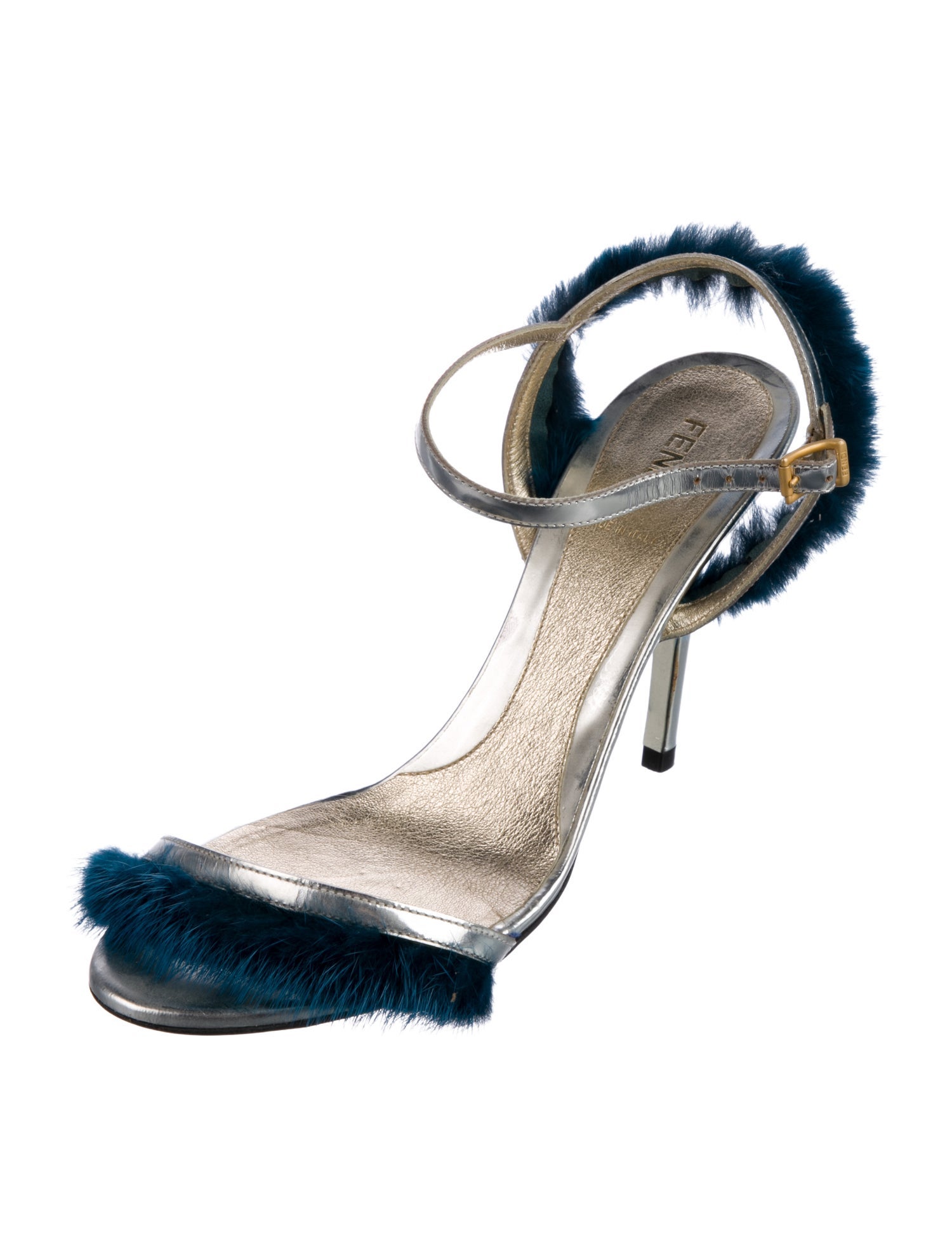 Fendi Patent Leather Fur Trim Slingback Sandals