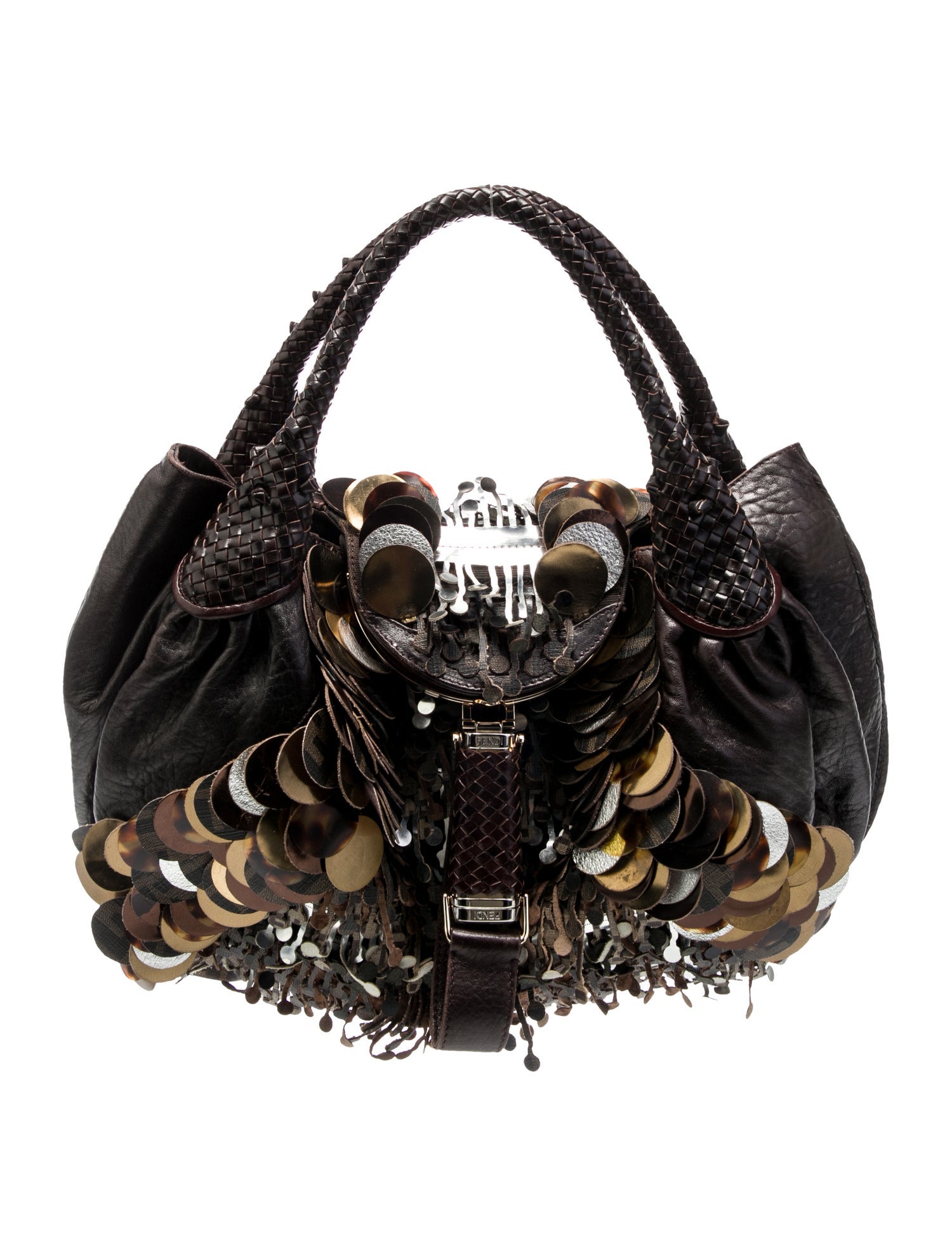 Fendi Leather Tobacco Zucca Canvas and Leather Fringed Spy Bag