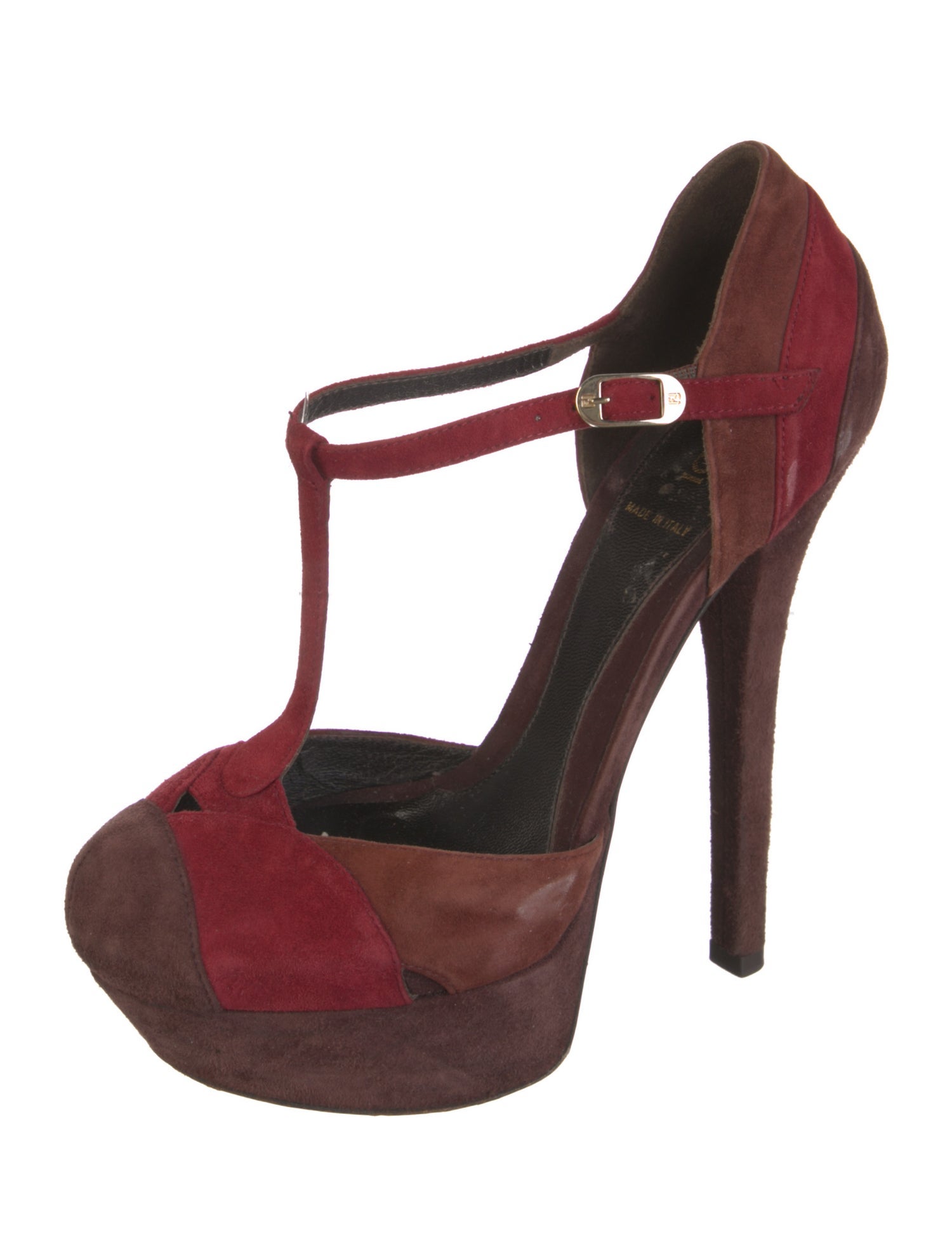 Fendi Suede Colorblock Pattern T-Strap Pumps
