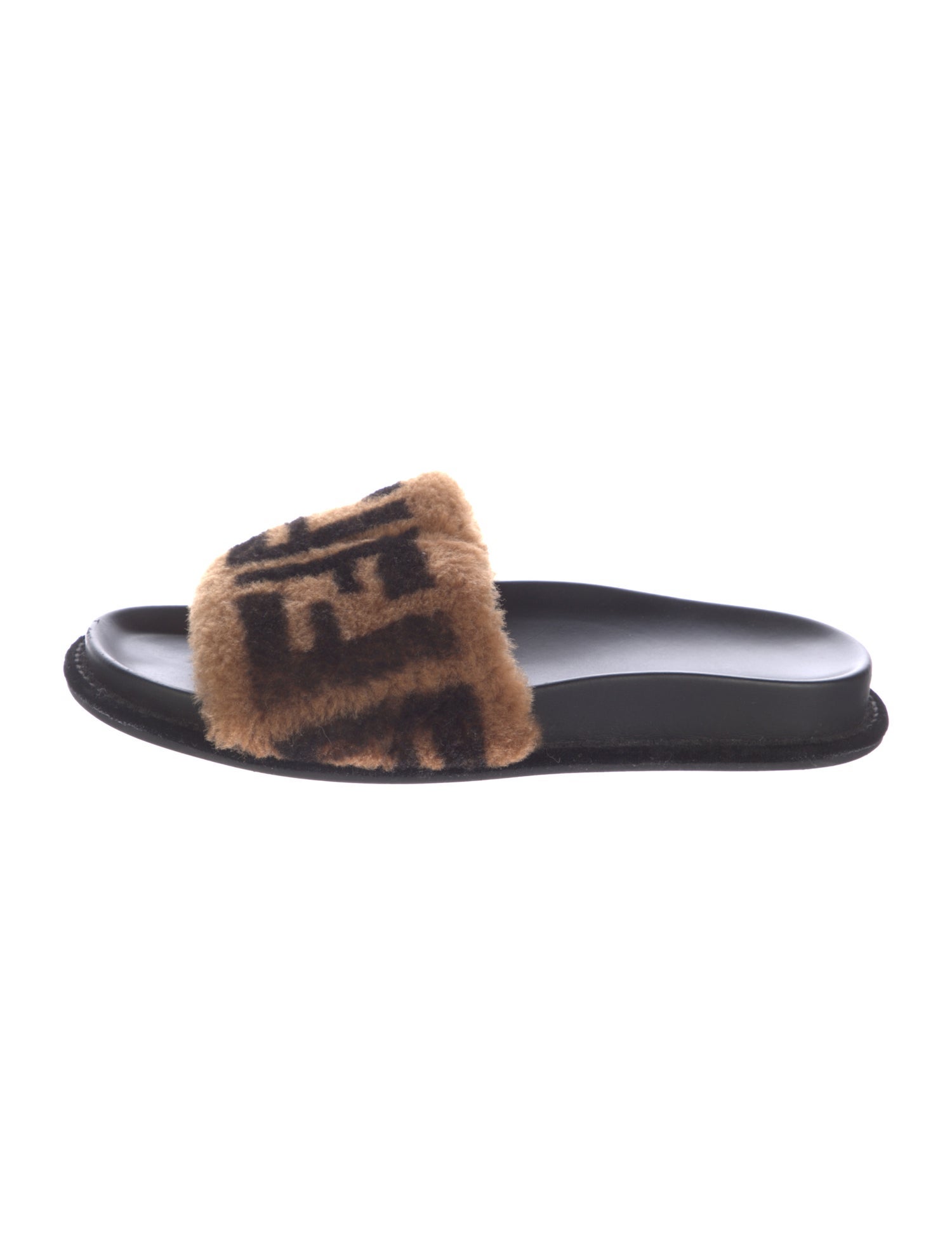 Fendi Zucca FF Logo Shearling Slides