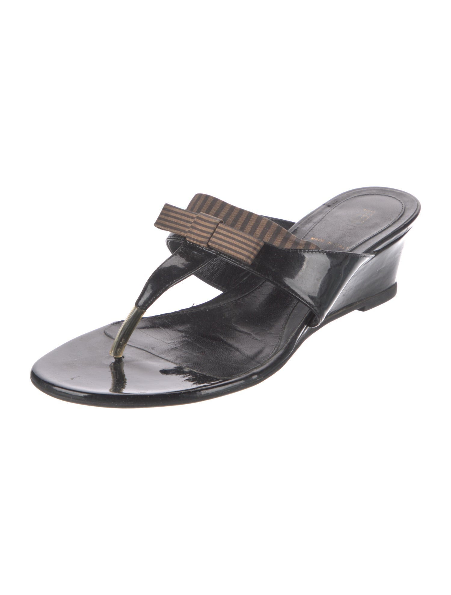 Fendi Pequin Pattern Patent Leather T-Strap Sandals