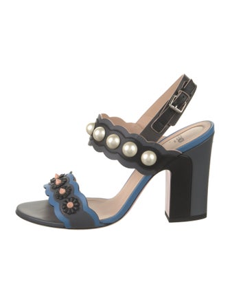 Fendi Faux Pearl Accents Leather Slingback Sandals