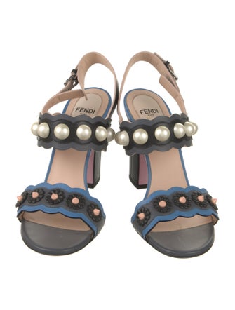 Fendi Faux Pearl Accents Leather Slingback Sandals