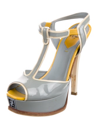 Fendi Patent Leather Colorblock Pattern T-Strap Pumps
