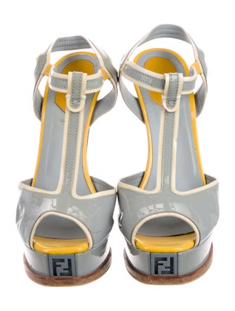 Fendi Patent Leather Colorblock Pattern T-Strap Pumps