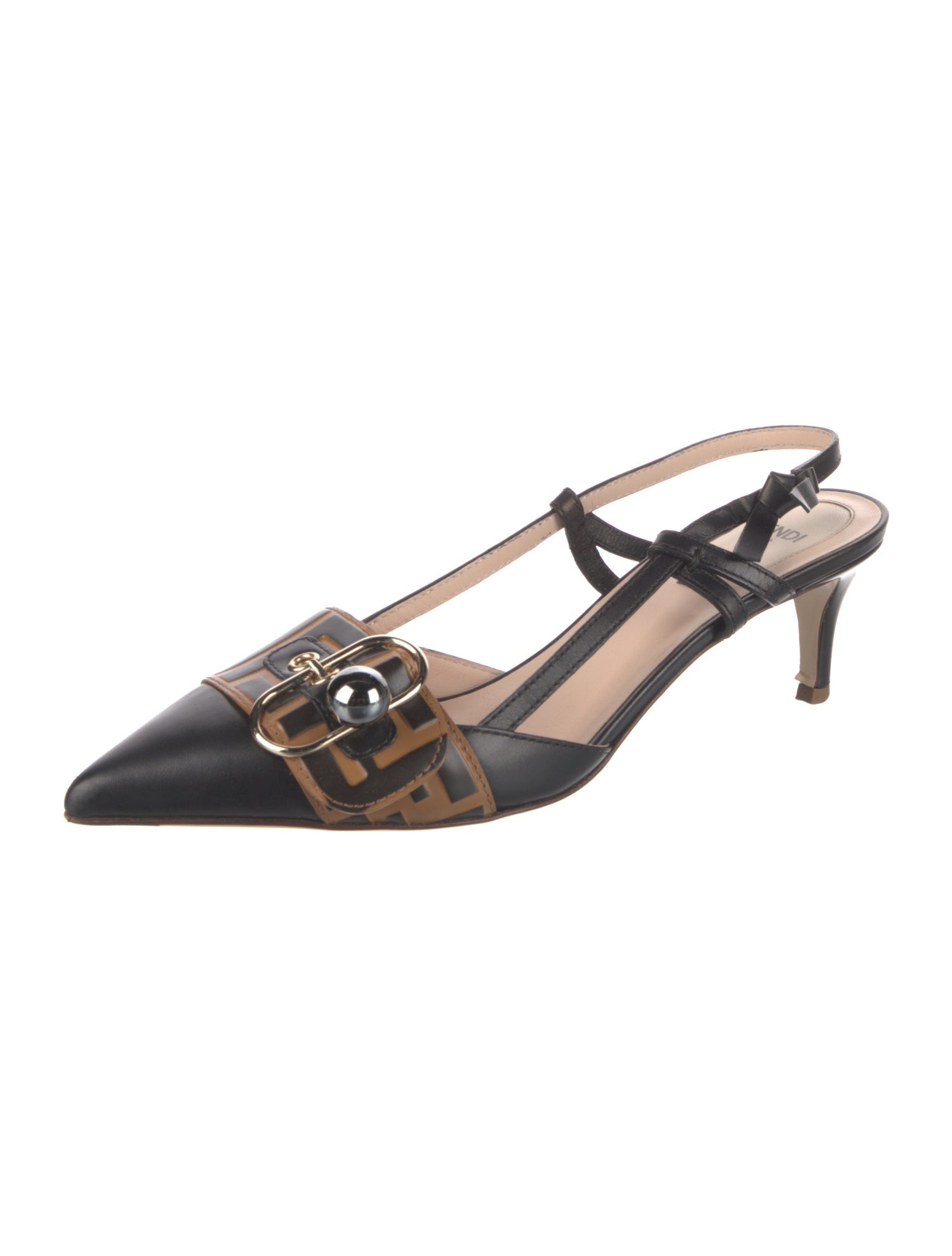 Fendi Zucca FF Logo Leather Slingback Flats