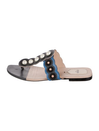 Fendi Faux Pearl Accents Leather Slides