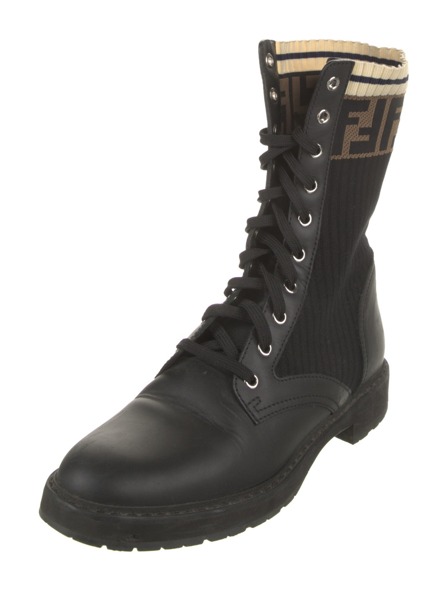 Fendi Leather Graphic Print Combat Boots